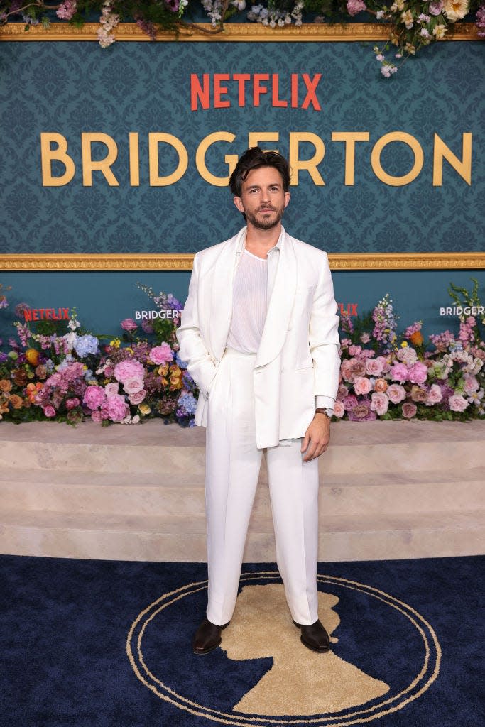 Jonathan Bailey attends the "Bridgerton" season three premiere in May 2024.