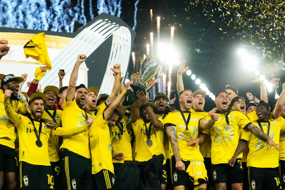 The Columbus Crew celebrate with the Philip J. Anschutz Trophy after defeating the Los Angeles FC in the 2023 MLS Cup championship game at Lower.com Field.