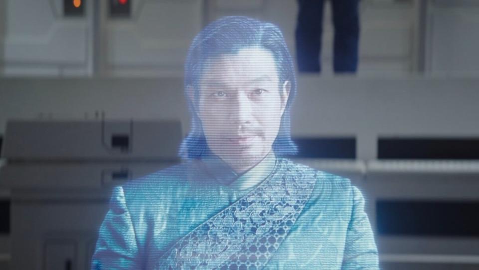 The mustachioed Senator Xiono in hologram on Ahsoka, the Star Wars series