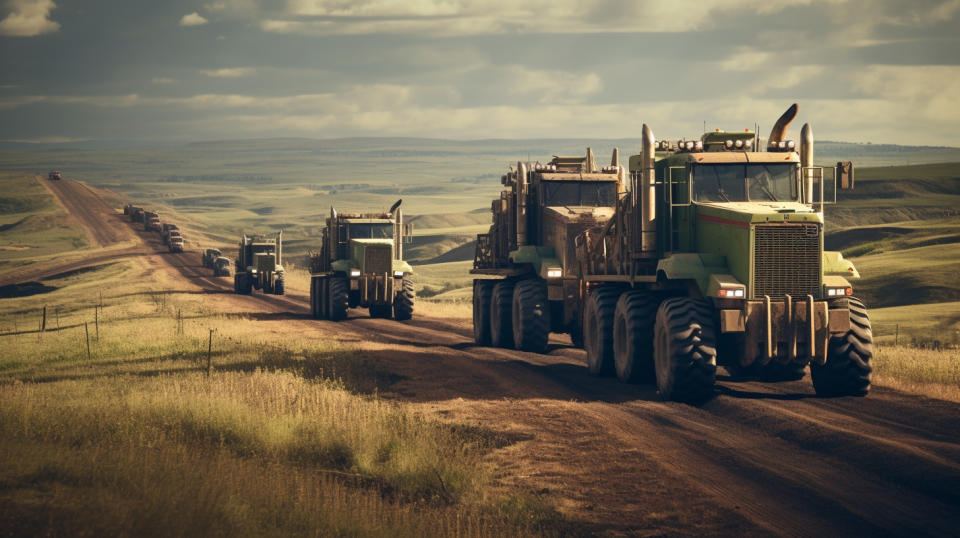 A convoy of industrial trucks loaded with heavy equipment rolling through a rural landscape.