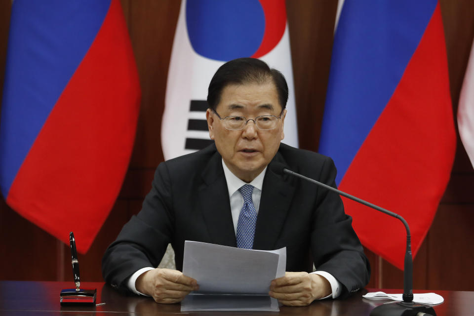South Korean Foreign Minister Chung Eui-yong speaks during a joint announcement with Russian Foreign Minister Sergey Lavrov at the Foreign Ministry in Seoul, South Korea, Thursday, March 25, 2021. (AP Photo/Ahn Young-joon, Pool)