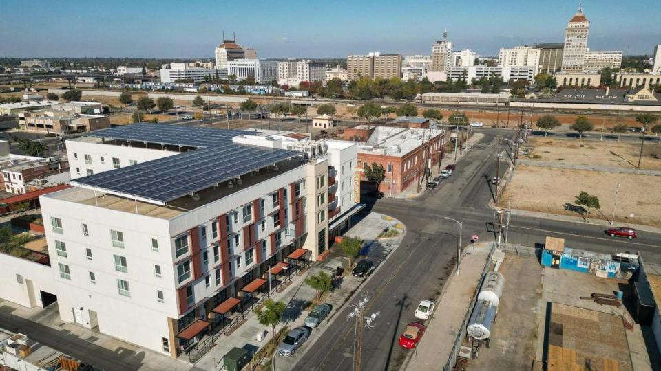 The Monarch is a new apartment community in Fresno’s Chinatown just west of downtown Fresno seen in this drone image made on Wednesday, Nov. 8, 2023.