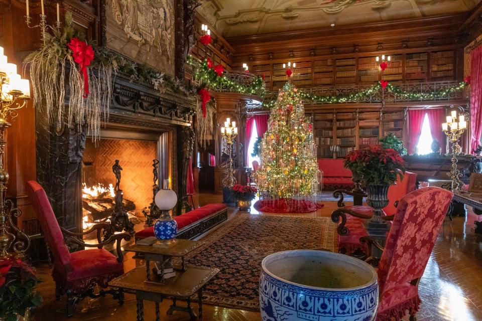 The Library at Biltmore House decked out with the 1947-inspired Christmas tree featured in Hallmark's "A Biltmore Christmas," premiering at 8 p.m. Nov. 26.