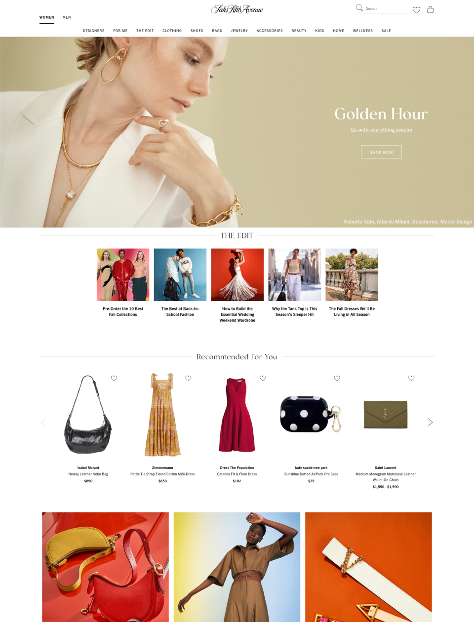 A view of the saks.com homepage.