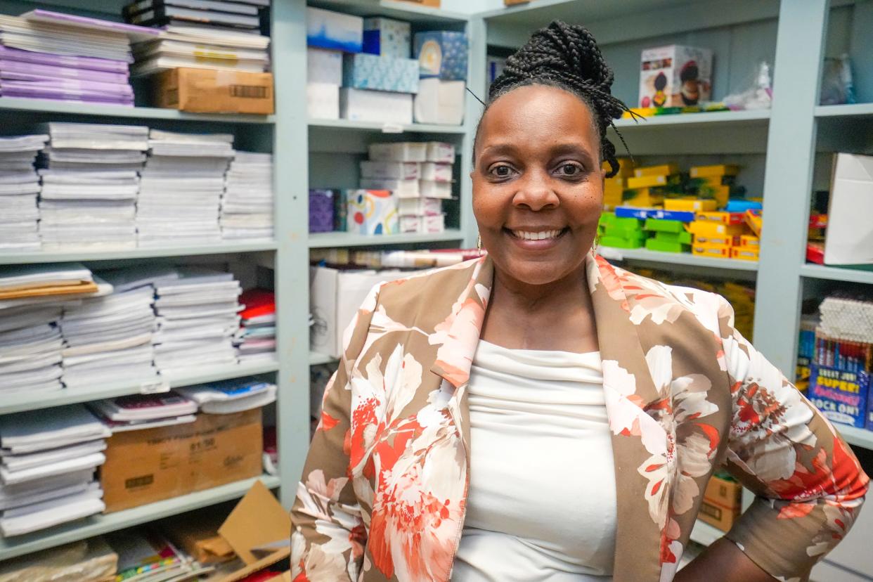 Clarke Street School Principal Shunda Davis pictured inside of the supply closet from donations of Master Lock employees Thursday, June 15, 2023, at Clarke Street School in Milwaukee. When Principal Davis heard the plant was shutting down next year, her first though was "What are they (employees at Master Lock) going to do?" She said. Her next question was, "What are we going to do?" She expressed gratitude about how the employees donated out of their paychecks. She explained with the help of these donations for school supplies, it helps students gain confidence knowing that their needs are well taken care of.