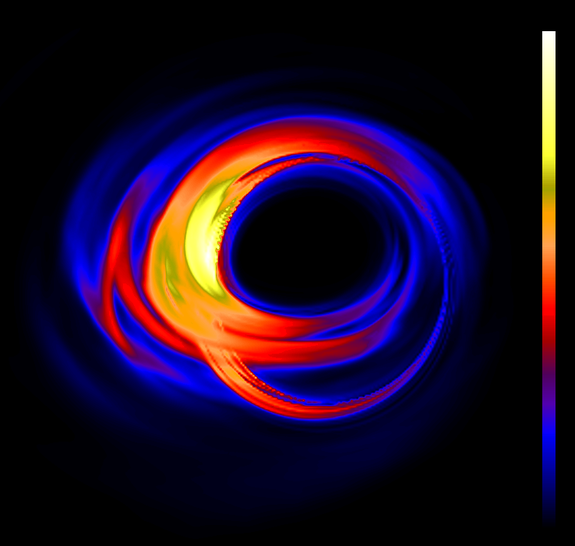 Theoretical calculations predict that the Milky Way's central black hole, called Sagittarius A*, will look like this when imaged by the Event Horizon Telescope. The false-color image shows light radiated by gas swirling around and into a black