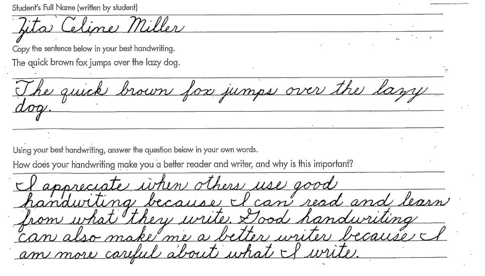 Zita Miller’s entry. (Zaner-Bloser National Handwriting Contest)