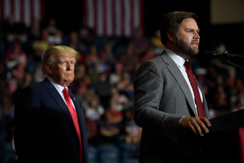 Republican Senate candidate JD Vance and former President Donald Trump speak at a Save America Rally to support Republican candidates running for state and federal offices in the state at the Covelli Centre during on September 17, 2022 in Youngstown, Ohio.