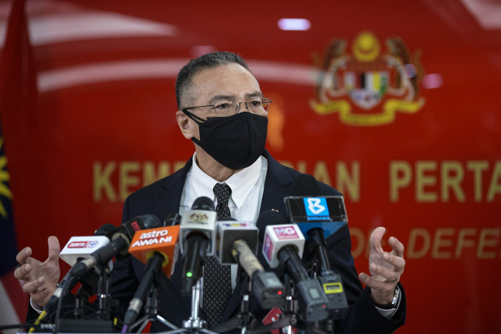 Senior Defence Minister Datuk Seri Hishammuddin Hussein speaks at a media conference at Wisma Pertahanan in Kuala Lumpur September 1, 2021. — Bernama pic