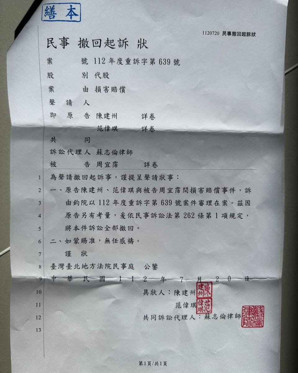 大牙PO出陳建州夫妻的民事撤回起訴狀。資料照。翻攝大牙臉書