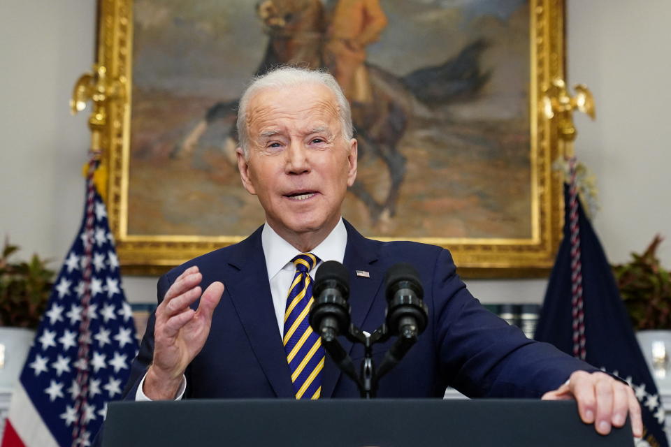 U.S. President Joe Biden announces new actions against Russia for its war in Ukraine, during remarks in the Roosevelt Room at the White House in Washington, U.S., March 8, 2022. REUTERS/Kevin Lamarque