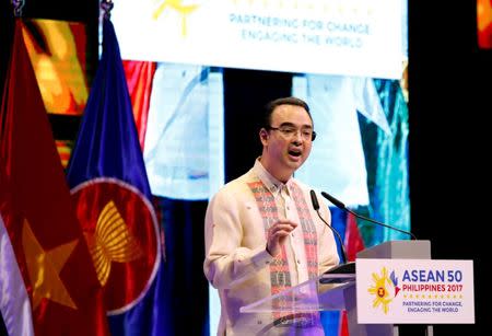 Philippine Foreign Secretary Alan Peter Cayetano speaks during the closing ceremony of the 50th Association of Southeast Asia Nations (ASEAN) Regional Forum (ARF) in Manila, Philippines August 8, 2017. REUTERS/Erik De Castro