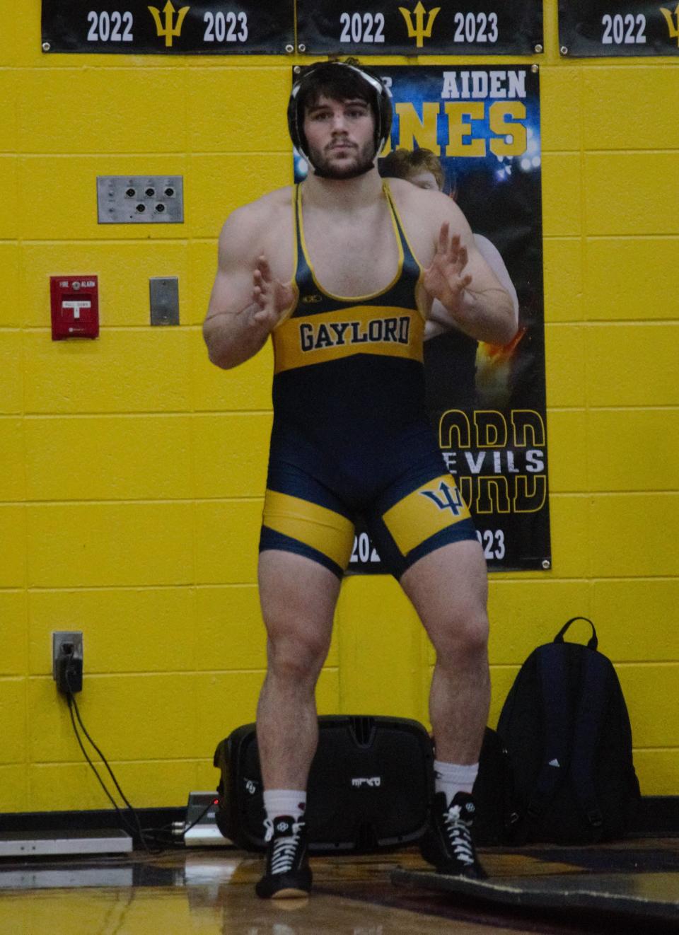 Brayden Gautreau gets ready for a wrestling match with Petoskey on Wednesday, January 18 at Jim Mongeau Gymnasium in Gaylord, Mich.