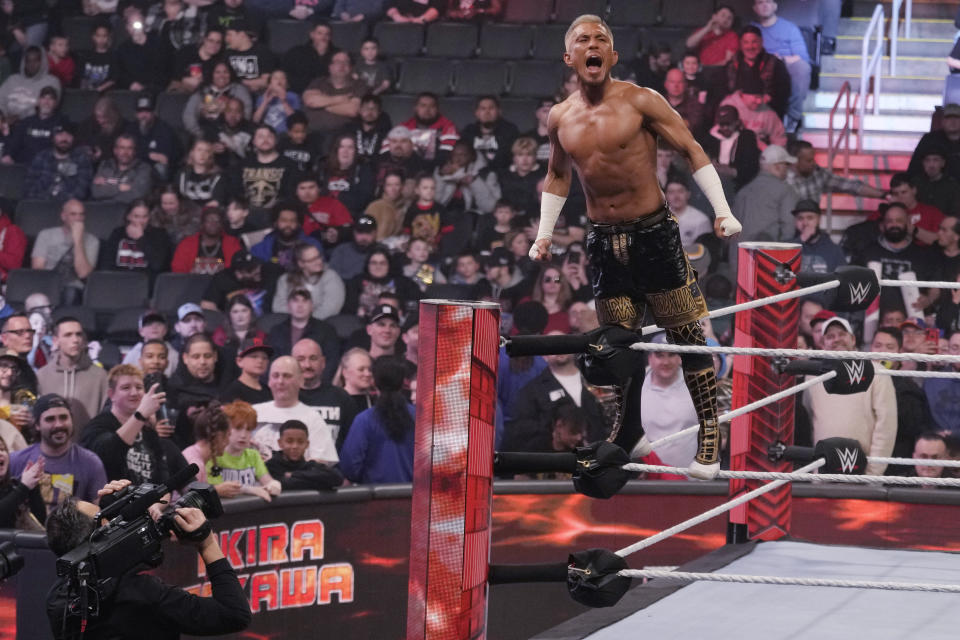FILE - Wrestler Akira Tozawa is introduced during the WWE Monday Night RAW event, Monday, March 6, 2023, in Boston. WWE's sponsorship revenue for SummerSlam, Saturday, Aug. 5, 2023, rose 23% from a year ago to $7 million, the most for any event outside of WrestleMania. (AP Photo/Charles Krupa, File)
