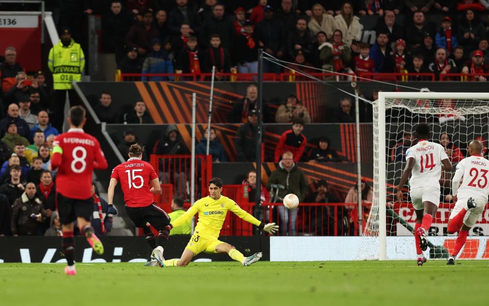 Marcel Sabitzer scores against Sevilla - Manchester United: Harry Maguire's stroke of misfortune hands Sevilla initiative - Getty Images/Catherine Ivill