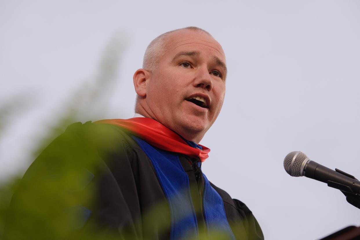 Dr. Philip Brown, principal, speaks during graduation on Saturday, May 22, 2021 at North Oconee High School in Bogart, Georgia. (Julian Alexander for the Athens Banner-Herald)