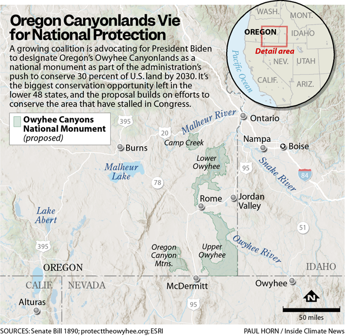 Proposed Owyhee Canyonlands National Monument map of Oregon, Idaho and Nevada