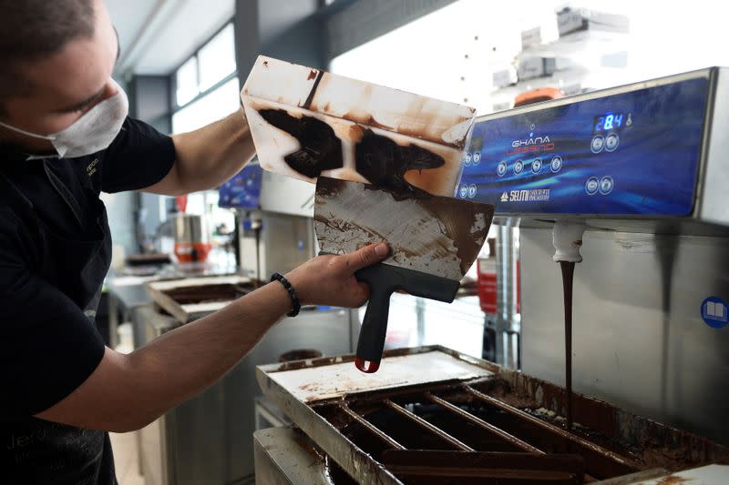 Jerome Grimonpon makes chocolate for Easter during the coronavirus lockdown imposed by the Belgian government