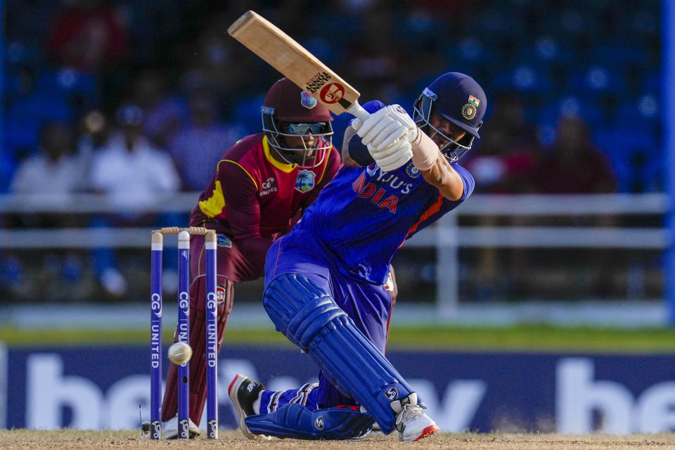 India's Axar Patel plays a shot against West Indies during the second ODI cricket match at Queen's Park Oval in Port of Spain, Trinidad and Tobago, Sunday, July 24, 2022. (AP Photo/Ricardo Mazalan)