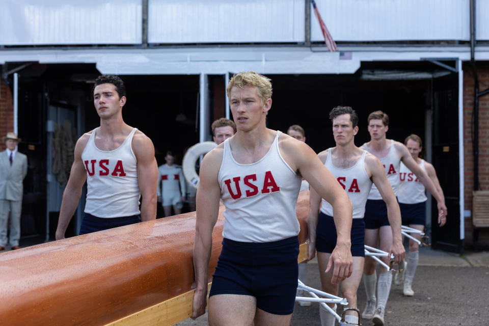 (l-r.) Bruce Herbelin-Earle stars as Shorty Hunt, Callum Turner as Joe Rantz, and Wil Coban as Jim McMillan in director George Clooney’s THE BOYS IN THE BOAT An Amazon MGM Studios film. (Laurie Sparham)