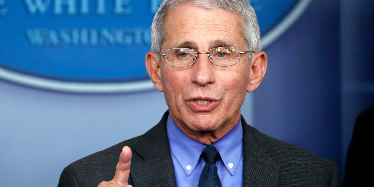 FILE - In this April 7, 2020, file photo, Dr. Anthony Fauci, director of the National Institute of Allergy and Infectious Diseases, speaks about the coronavirus in Washington. With New York City at the epicenter of the coronavirus outbreak in the U.S. and its native-born among those offering crucial information to the nation in televised briefings, the New York accent has stepped up to the mic. Fauci's science-based way of explaining the crisis at White House briefings has attracted untold numbers of fans, and New York Gov. Andrew Cuomo's news conferences have become must-see TV. (AP Photo/Alex Brandon, File)
