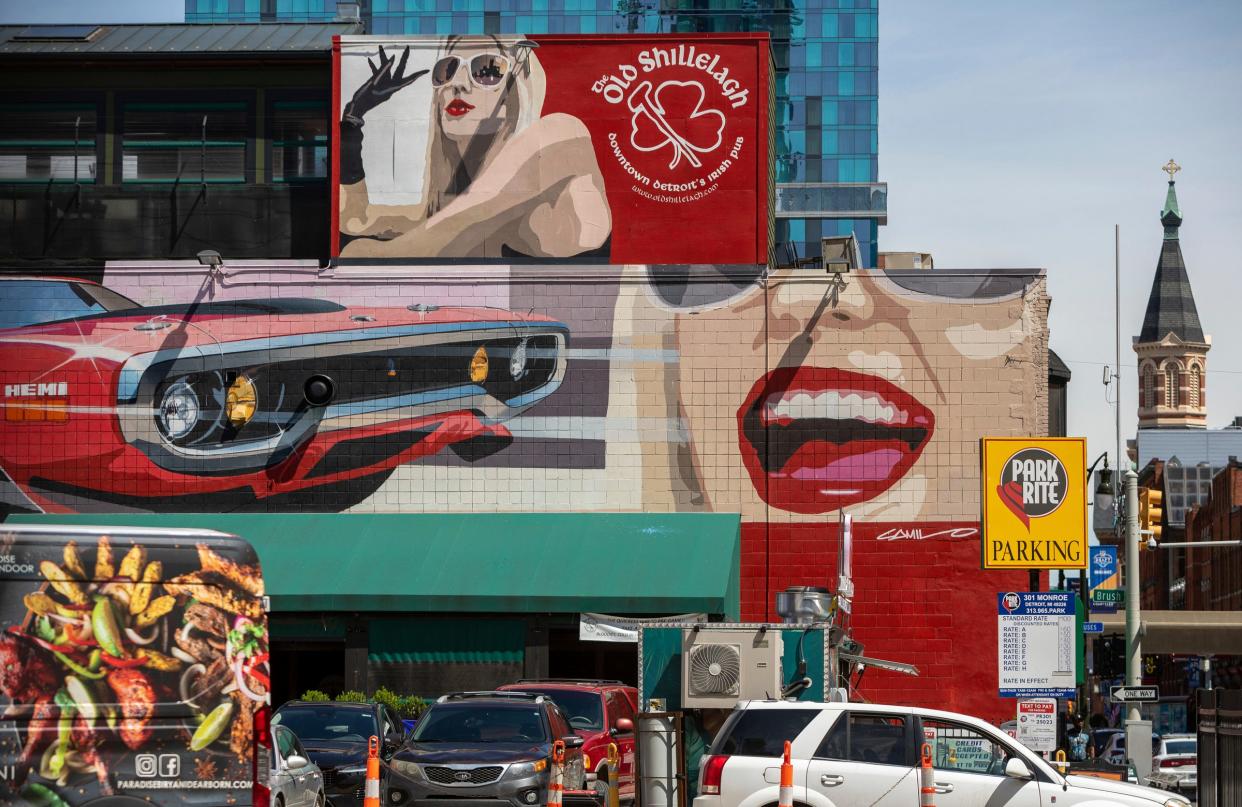 Mopar Mural, by Camilo Pardo, on a wall of The Old Shillelagh in downtown Detroit's Greektown District on Thursday, April 18, 2024.