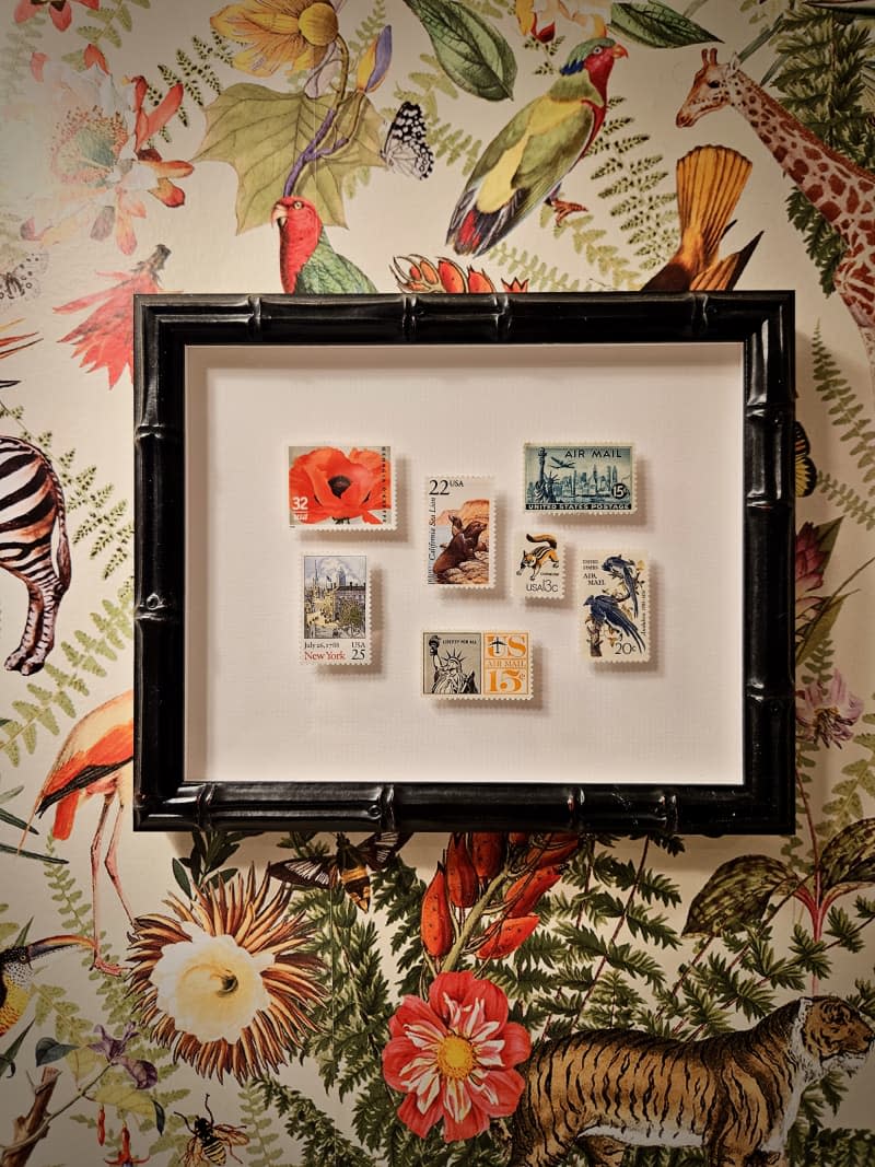 framed postage stamps on wall with animal print wallpaper