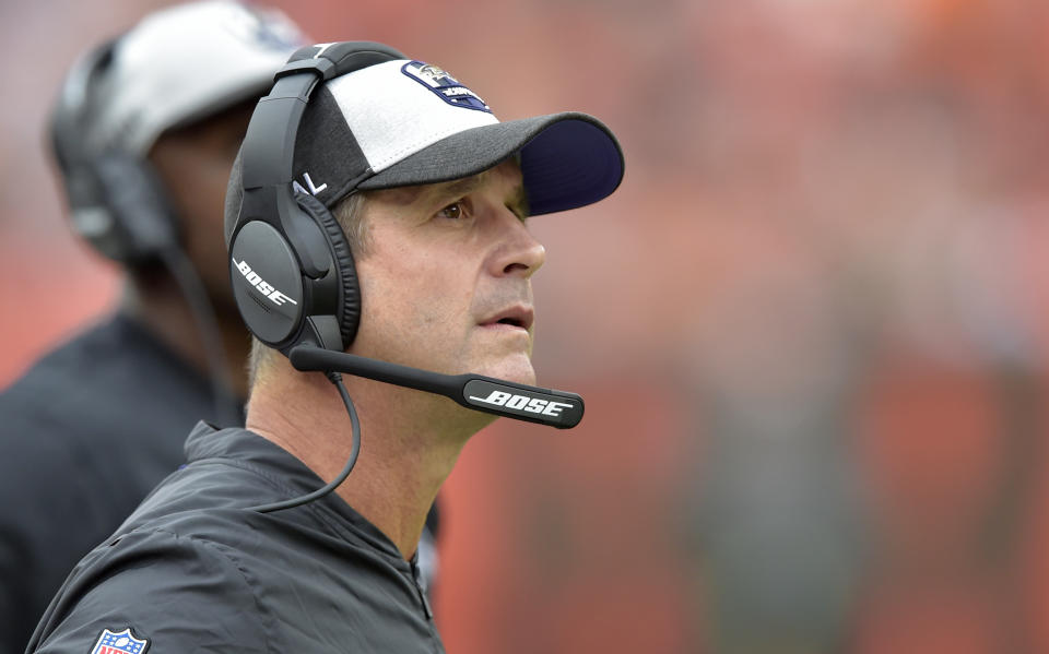 Baltimore Ravens head coach John Harbaugh is reportedly coaching for his future with the franchise. (AP)