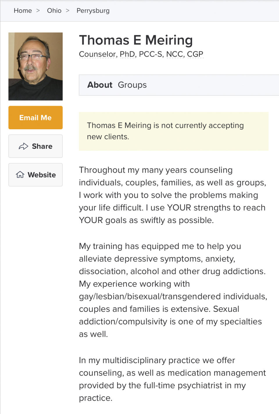 This Oct. 1, 2019 image made from an online list of therapists shows an entry for Thomas Meiring. The former priest maintained his state-issued license as a clinical counselor in Ohio even after the diocese in Toledo settled a lawsuit in 2008 filed by a man who said he was 15 when Meiring sexually abused him in a church rectory in the late 1960s. (AP Photo)