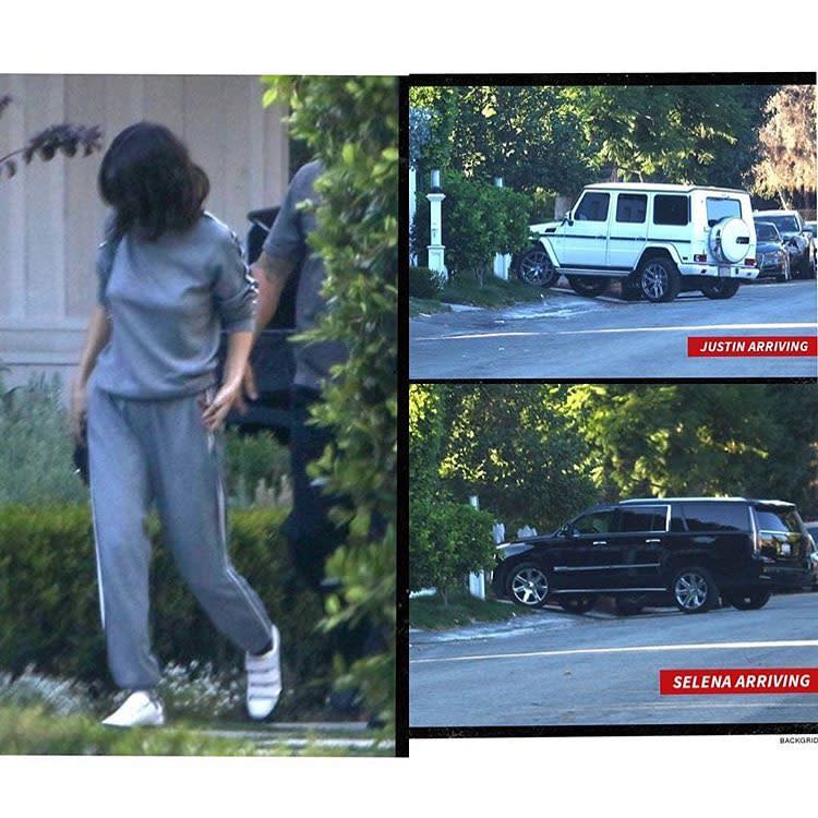 TMZ publicó estas fotos que muestran a la artista llegando a su casa en una camioneta negra y la camioneta de lujo blanca de JB. Instagram @selenagomezcq