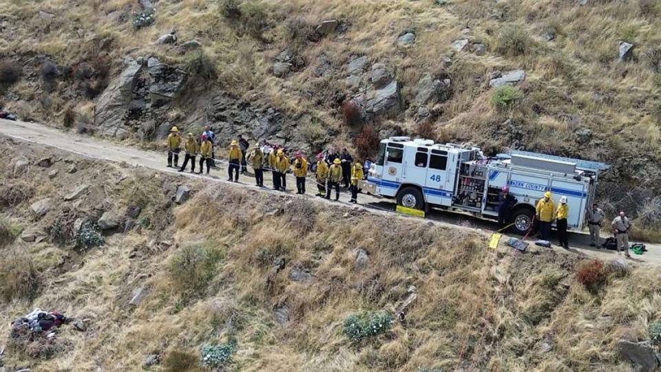 PHOTO: Kern County Fire Department rescued a person from a pickup truck that was found in the bottom of a 100-foot ravine between the communities of Arvin and Stallion Springs, Calif., Sept. 2, 2023. (Kern County Fire Department)