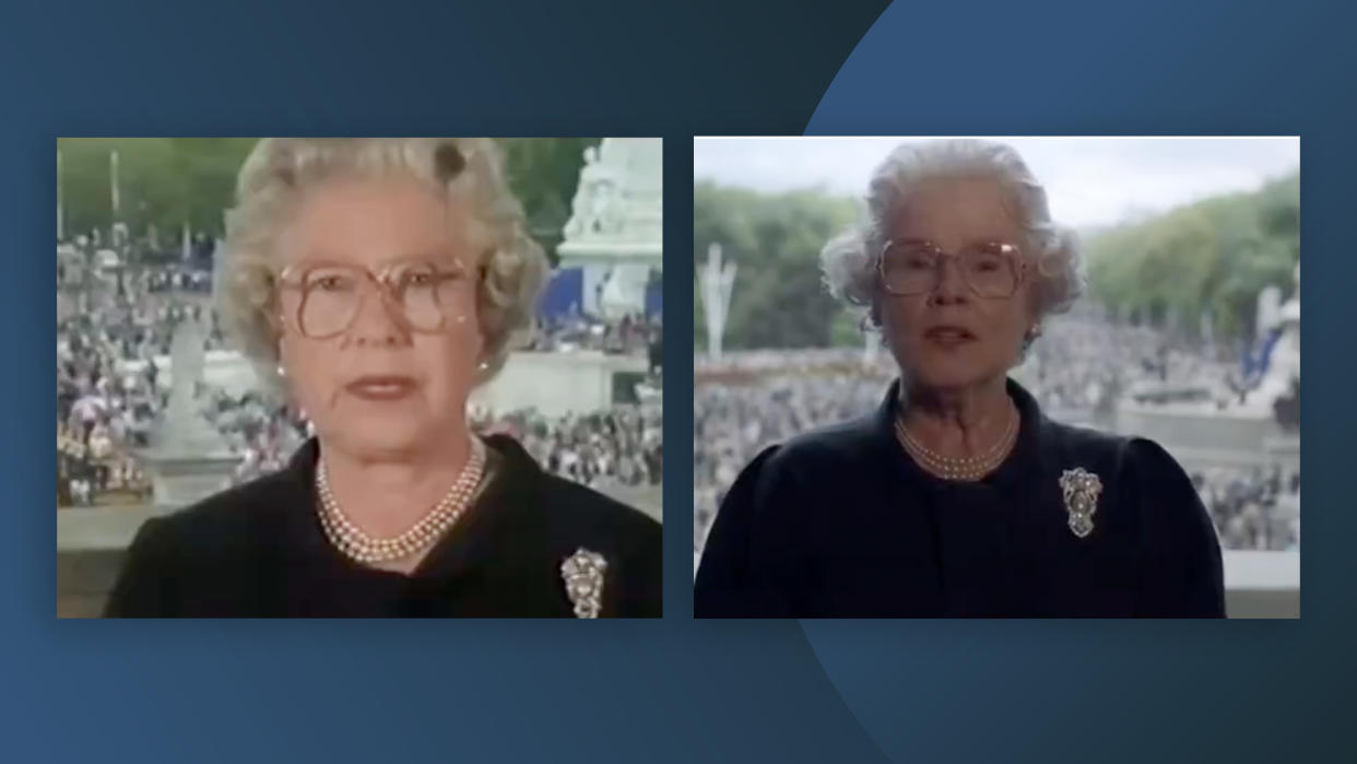  A shot of Queen Elizabeth giving a speech next to a screenshot of a recreation from The Crown, which looks much darker. 