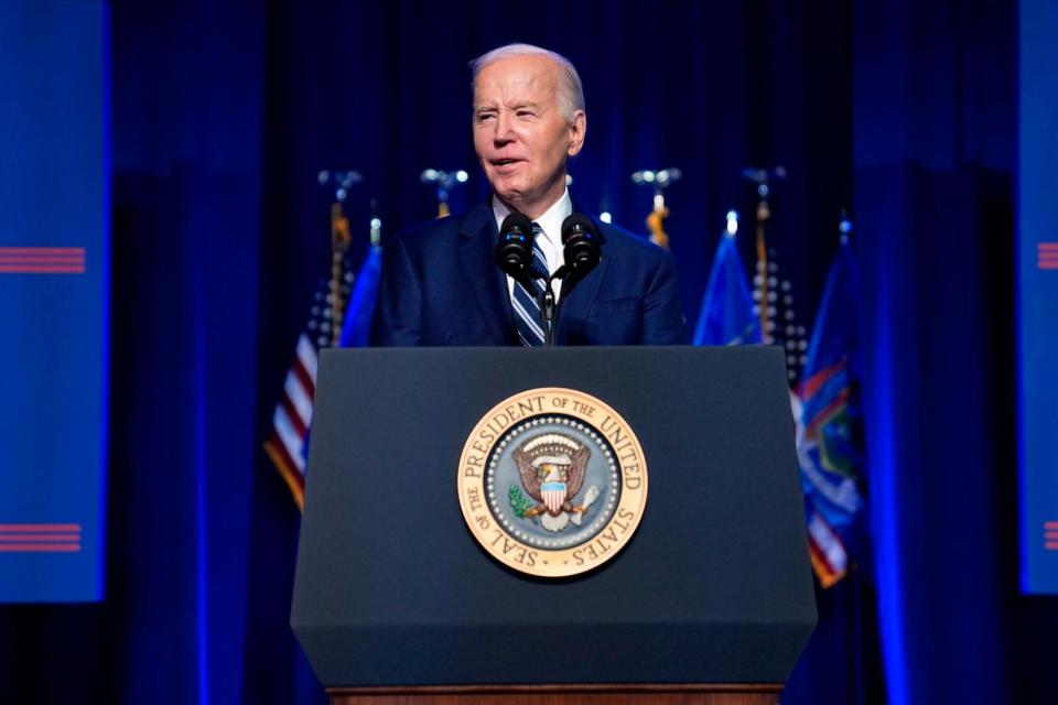 PHOTO: President Joe Biden speaks at the Milton J. Rubenstein Museum, on April 25, 2024, in Syracuse, N.Y.  (Evan Vucci/AP)