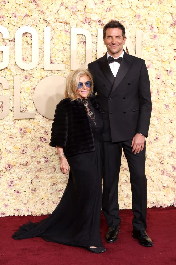 Gloria Campano and Bradley Cooper attend the 81st Annual Golden Globe Awards at The Beverly Hilton on January 07, 2024 in Beverly Hills, California.