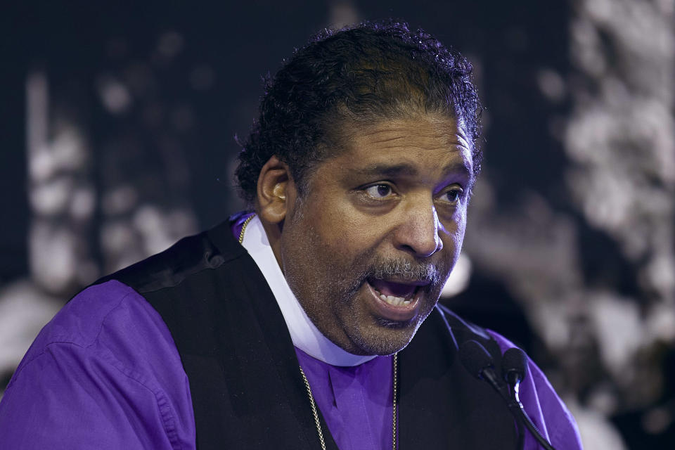 FILE - William Barber, Founding Director, Repairers Of The Breach & The Yale Center For Public Theology And Public Policy speaks during the Clinton Global Initiative, Tuesday, Sept. 19, 2023 in New York. Barber was escorted by police out of a North Carolina movie theater, Tuesday, Dec. 26, 2023, after he insisted on using his own chair for medical reasons, prompting an apology from the nation's largest movie theater chain. (AP Photo/Andres Kudacki, File)