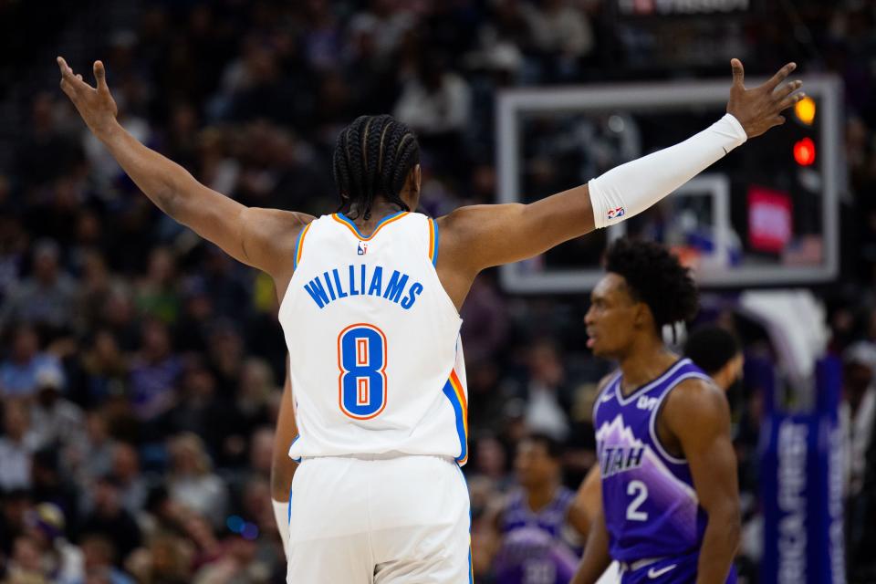 Oklahoma City Thunder forward Jalen Williams (8) reacts to a call during the NBA basketball game between the Utah Jazz and the Oklahoma City Thunder at the Delta Center in Salt Lake City on Thursday, Jan. 18, 2024. | Megan Nielsen, Deseret News