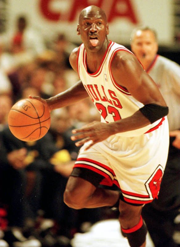 Michael Jordan takes the ball down court May 7, 1998. On January 15, 1892, Dr. James Naismith published the rules of basketball. He invented the game at a YMCA in Springfield, Mass. File Photo by Ray Foli/UPI