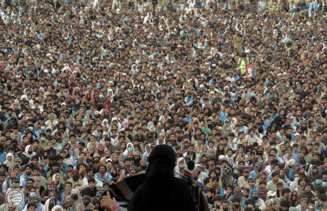 <span>Dr Mahrang Baloch, the leader of the Baloch Yakjehti Committee (BYC), addresses the crowd in Gwadar.</span><span>Photograph: Courtesy of BYC</span>