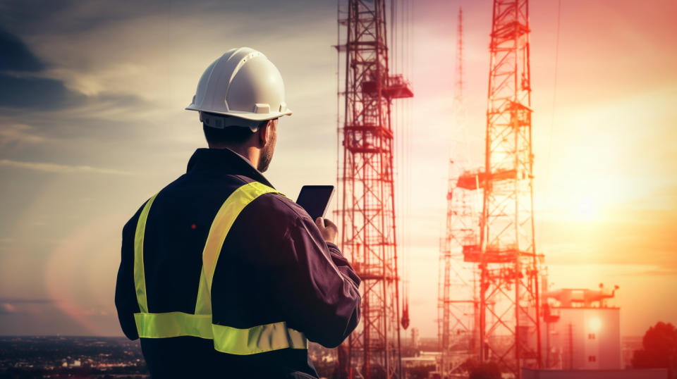 A professional technician using specialized tools to maintain a modern 5G cell tower.