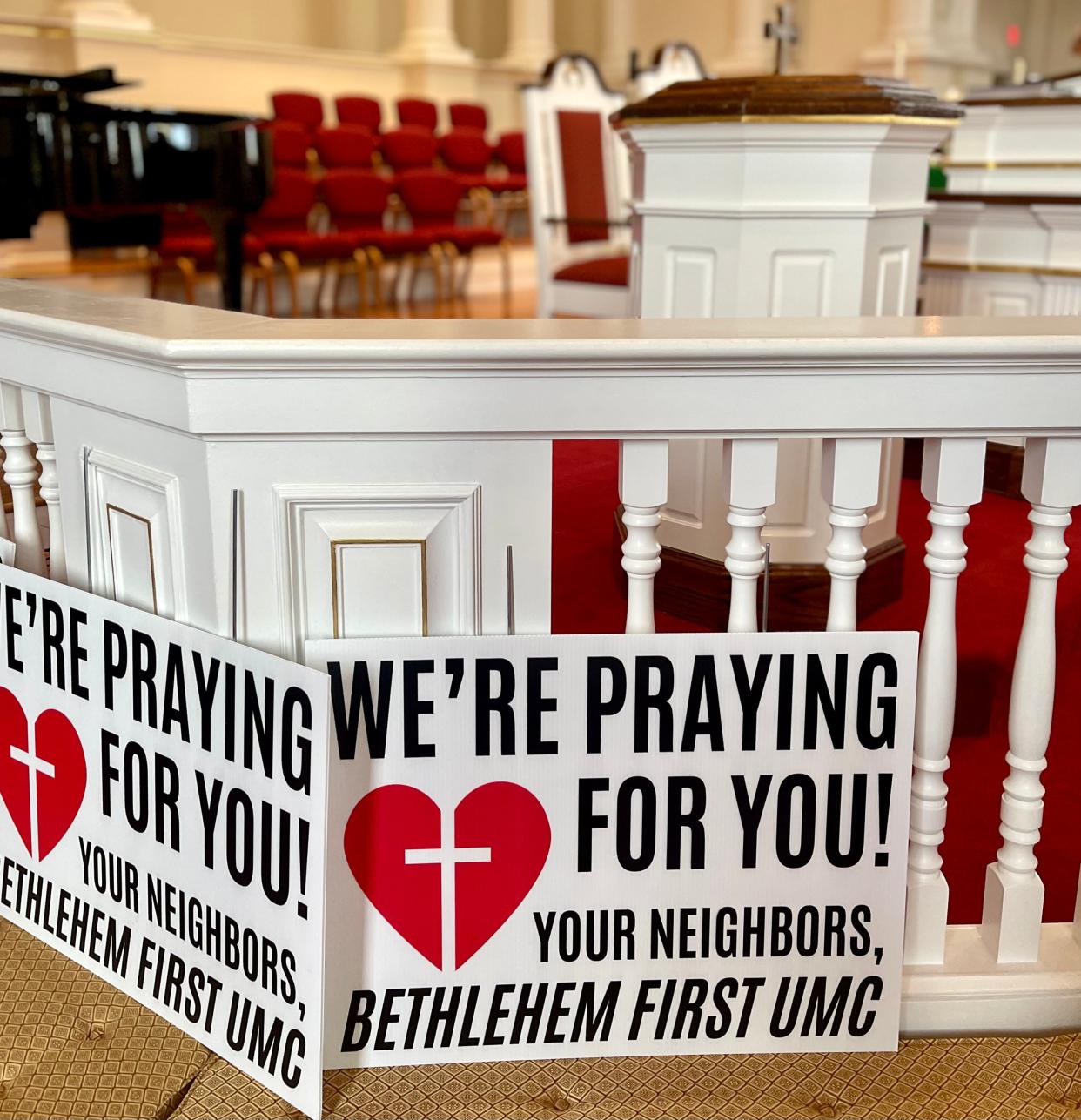 Signs of support sit near the pulpit of Bethlehem First United Methodist Church in Bethlehem, Georgia. Bethlehem UMC is located five miles from Apalachee High School, the site of the school shooting in Winder, Georgia on September 4, 2024.