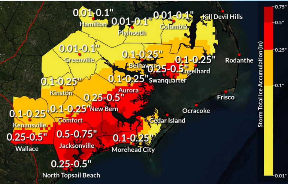 Areas in red are most likely to see power outages as the weather worsens.