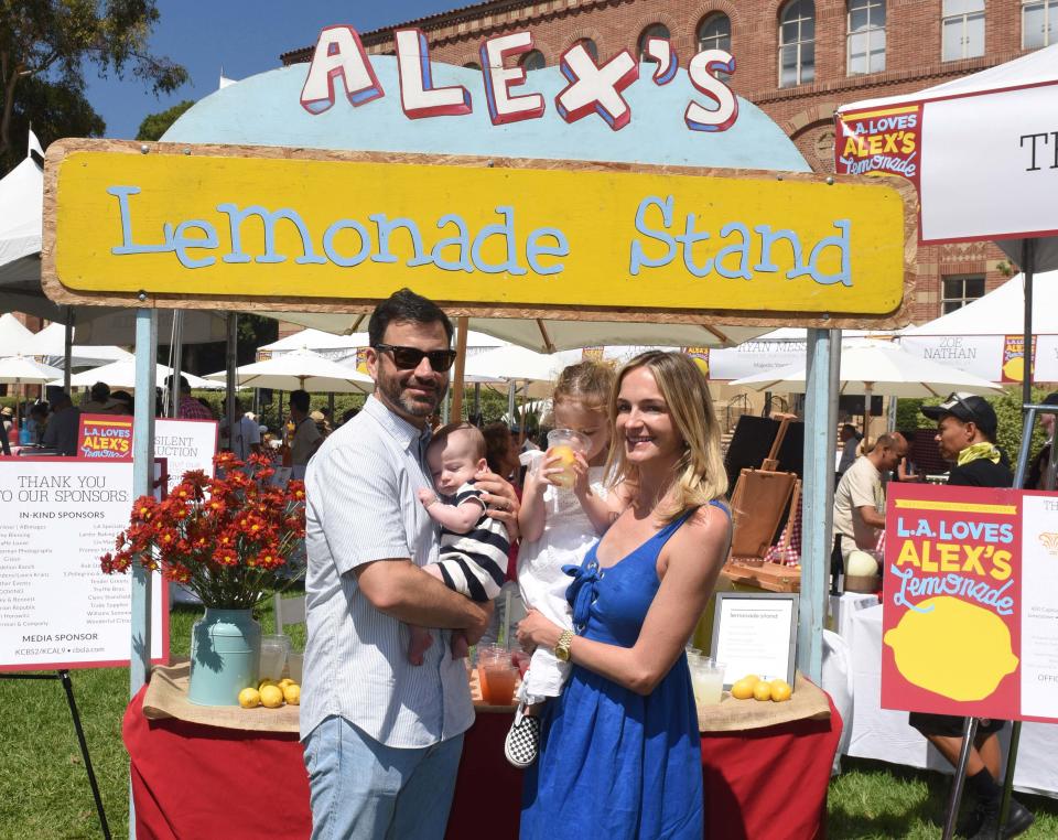 The late night host posed for pics with his son, wife Molly McNearney and their 3-year-old daughter, Jane, at the 8th Annual L.A. Loves Alex's Lemonade event.