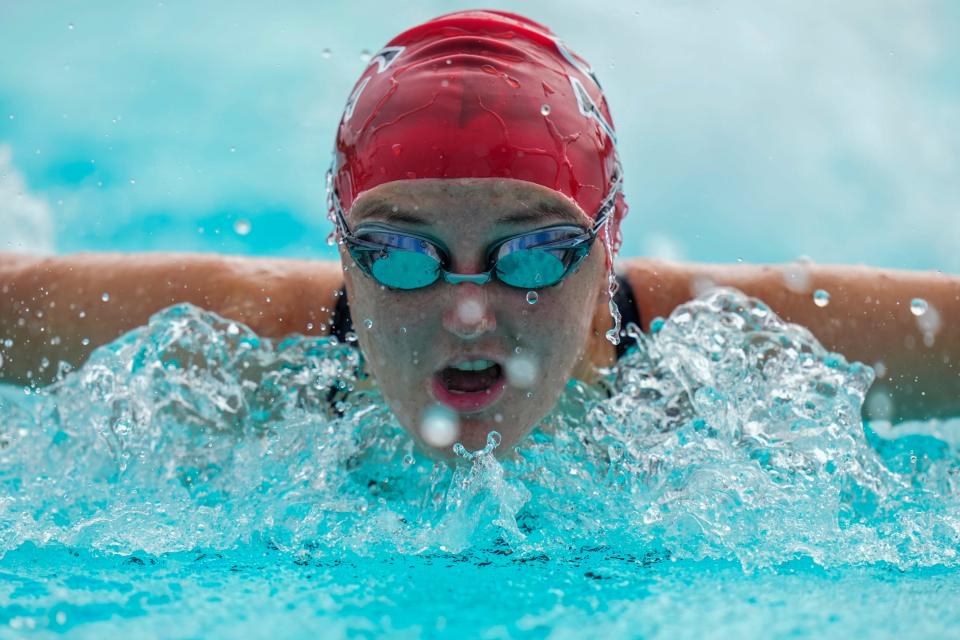 South Fork’s Calla Keenan competes in Heat 1 of the girls 200 Yard Medley in the 2023 FHSAA District 10-3A Championship Thursday, Oct. 26, 2023, at Sailfish Splash Waterpark in Stuart.