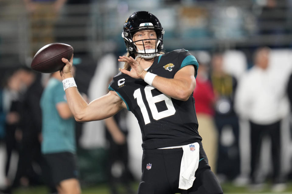 Jacksonville Jaguars quarterback Trevor Lawrence (16) warms up before an NFL football game against the Cincinnati Bengals, Monday, Dec. 4, 2023, in Jacksonville, Fla. (AP Photo/John Raoux)