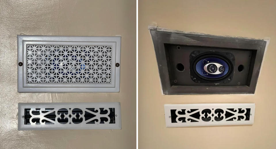 Two photos of a speaker built into the bathroom of an Airbnb, that a person uncovered while taking a bath.