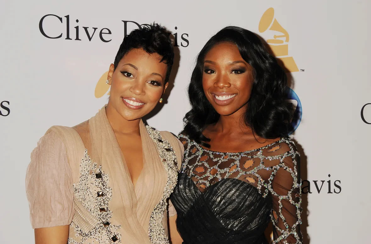 Monica and Brandy arrive at a pre-Grammy gala on Feb. 12, 2011 in Beverly Hills, California. (Photo by Jeffrey Mayer/WireImage)