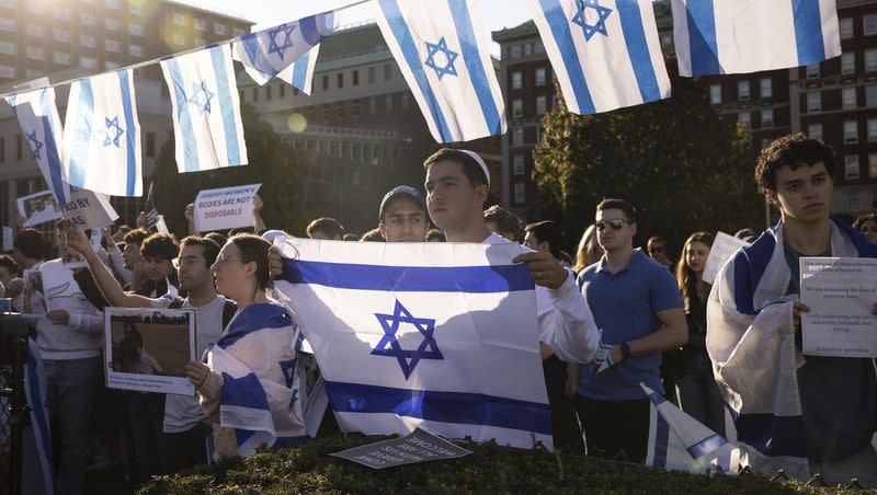 Pro-Israel demonstrators gather at Columbia University, Thursday, Oct. 12, 2023, in New York. Hamas militants launched an unprecedented surprise attack on Saturday, killing hundreds of Israeli civilians, and kidnapping others. The Israeli military is pulverizing the Hamas-ruled Gaza Strip with airstrikes.