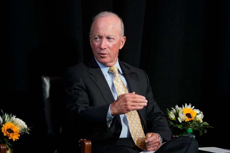 Purdue University President Mitch Daniels speaks during a conversation on semiconductors on Sept. 13, 2022, in West Lafayette, Indiana. / Credit: DARRON CUMMINGS/POOL/AFP via Getty Images