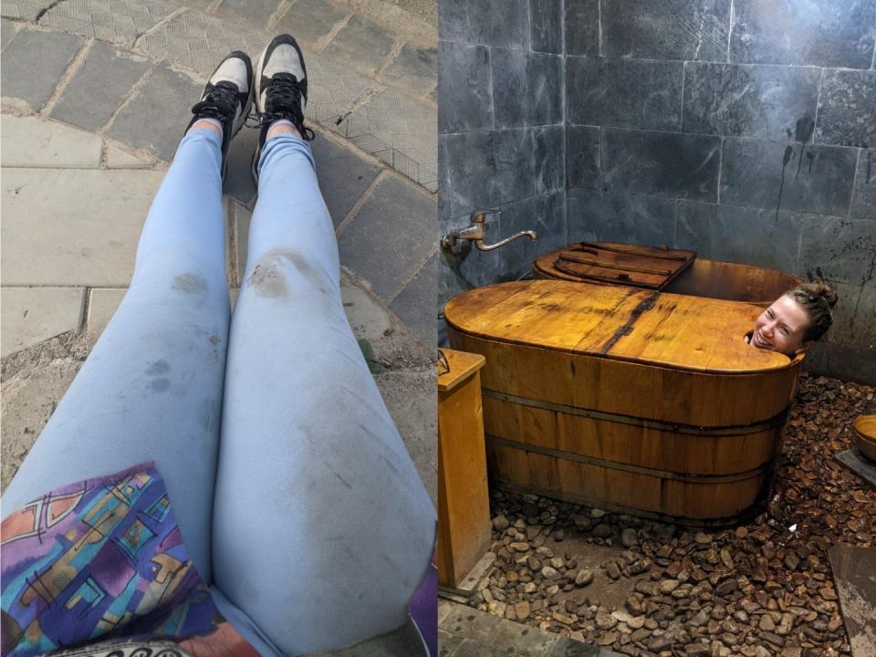 On the left, the author's legs in dirty jeans. On the right, the author in a spa bath.