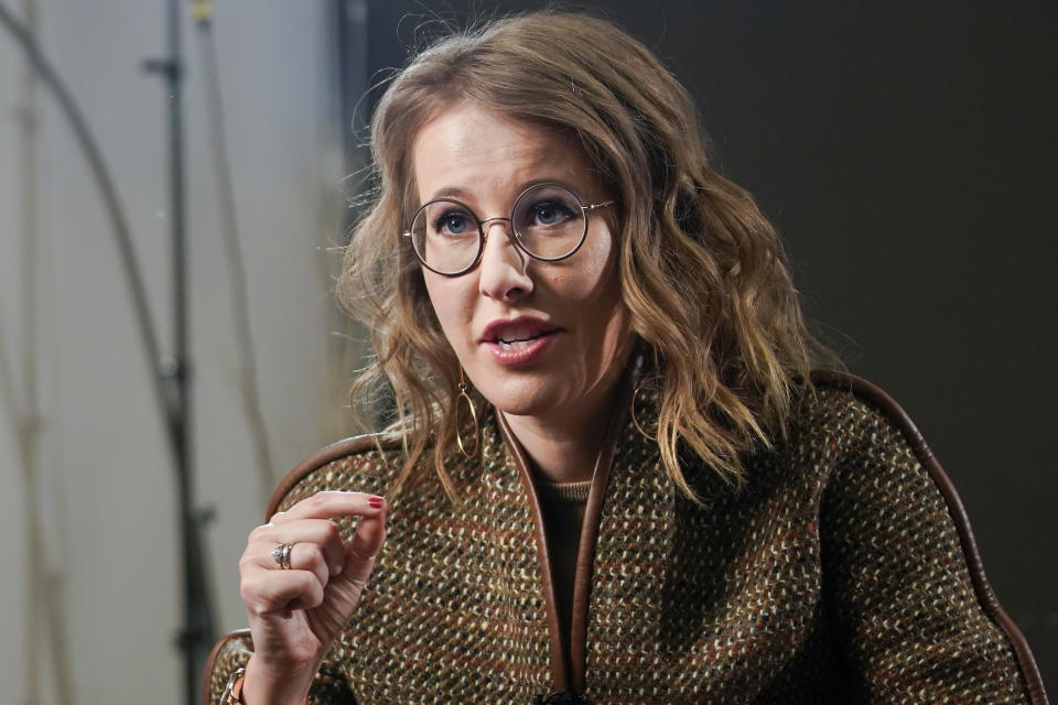 FILE - Russian TV host Ksenia Sobchak speaks about her campaign to challenge Vladimir Putin in the March 18 presidential election, during an interview to the Associated Press in Moscow, Russia, Thursday, Feb. 1, 2018. Russian investigators on Wednesday, Oct. 26, 2022, raided the home of Ksenia Sobchak, the glamourous daughter of Russian President Vladimir Putin's one-time boss, in a move that has sent shockwaves through the country's political scene. (AP Photo/Alexander Zemlianichenko, File)